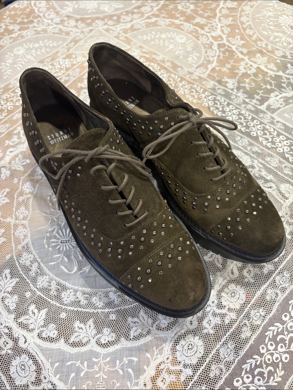 Stuart Weitzman Olive Suede Studded Derby Lace-Up